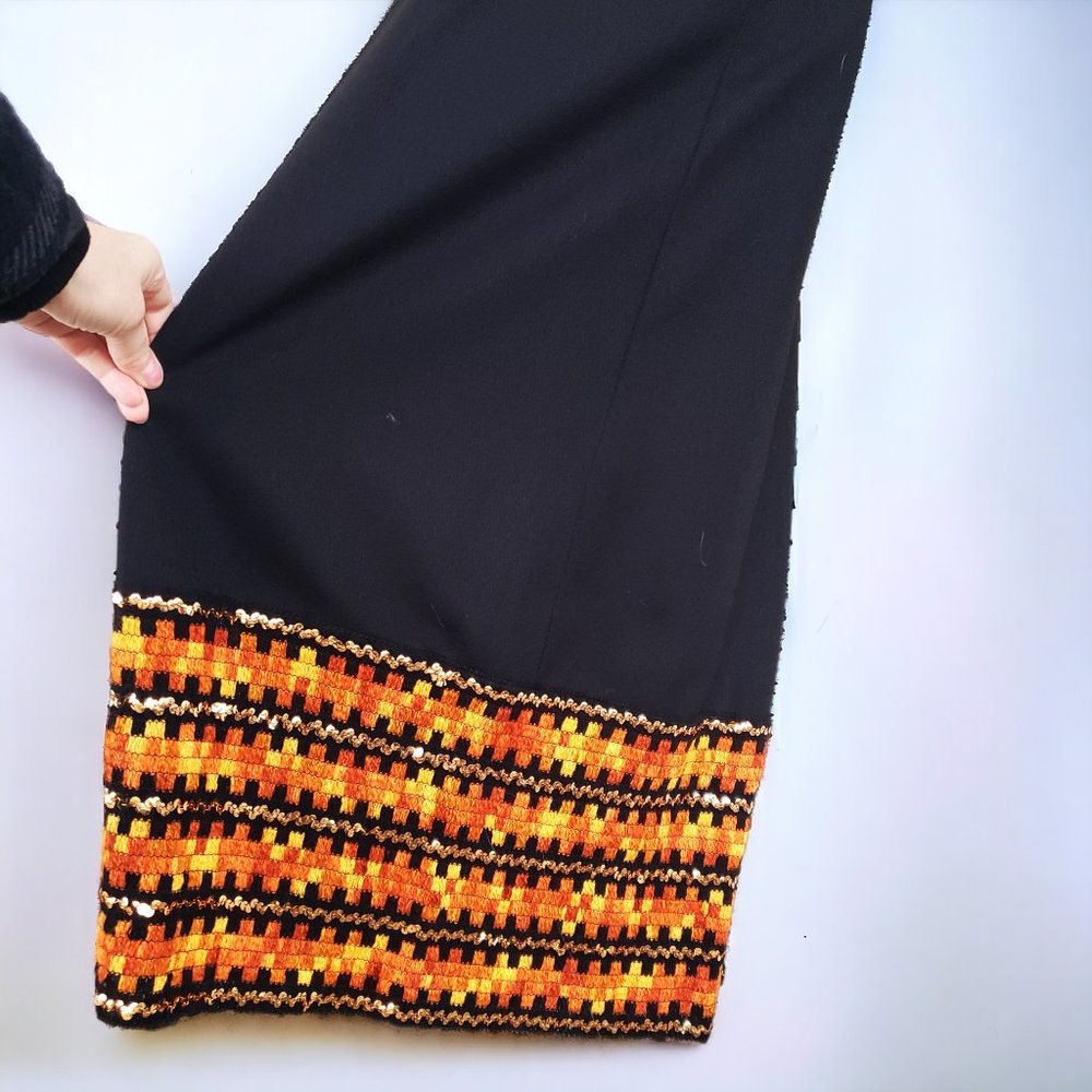 Vintage 70s black maxi dress with yellow/orange woven trim and gold sequins - Picture 4 of 8